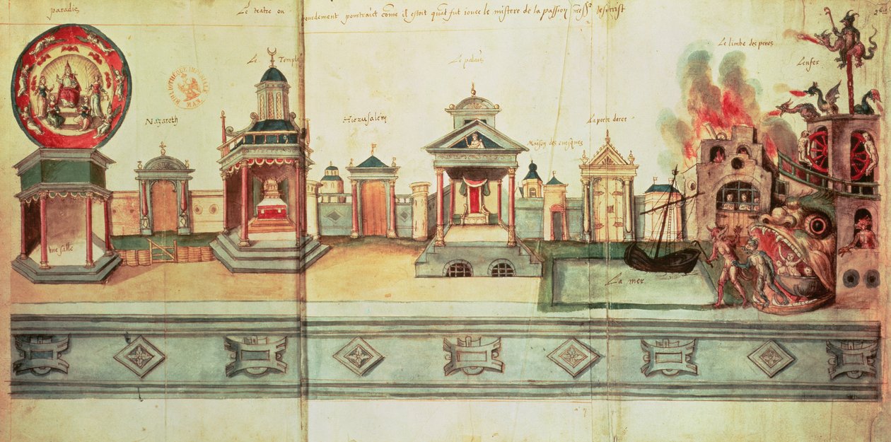 Ms fr.12536 f.2 El escenario para la obra de misterio de Valenciennes, 1547 de Hubert Cailleau
