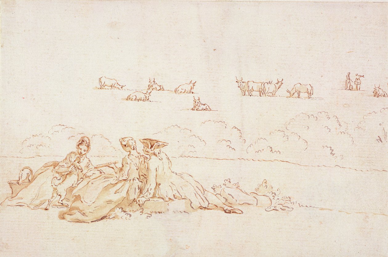 Un Picnic: Dos Damas y un Caballero de Hubert Francois Gravelot