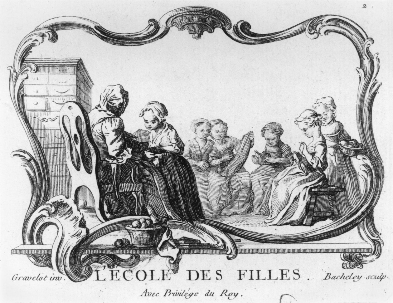Escuela de niñas, la clase de costura, grabado por Jacques Bacheley (1712-81) de Hubert Francois Gravelot