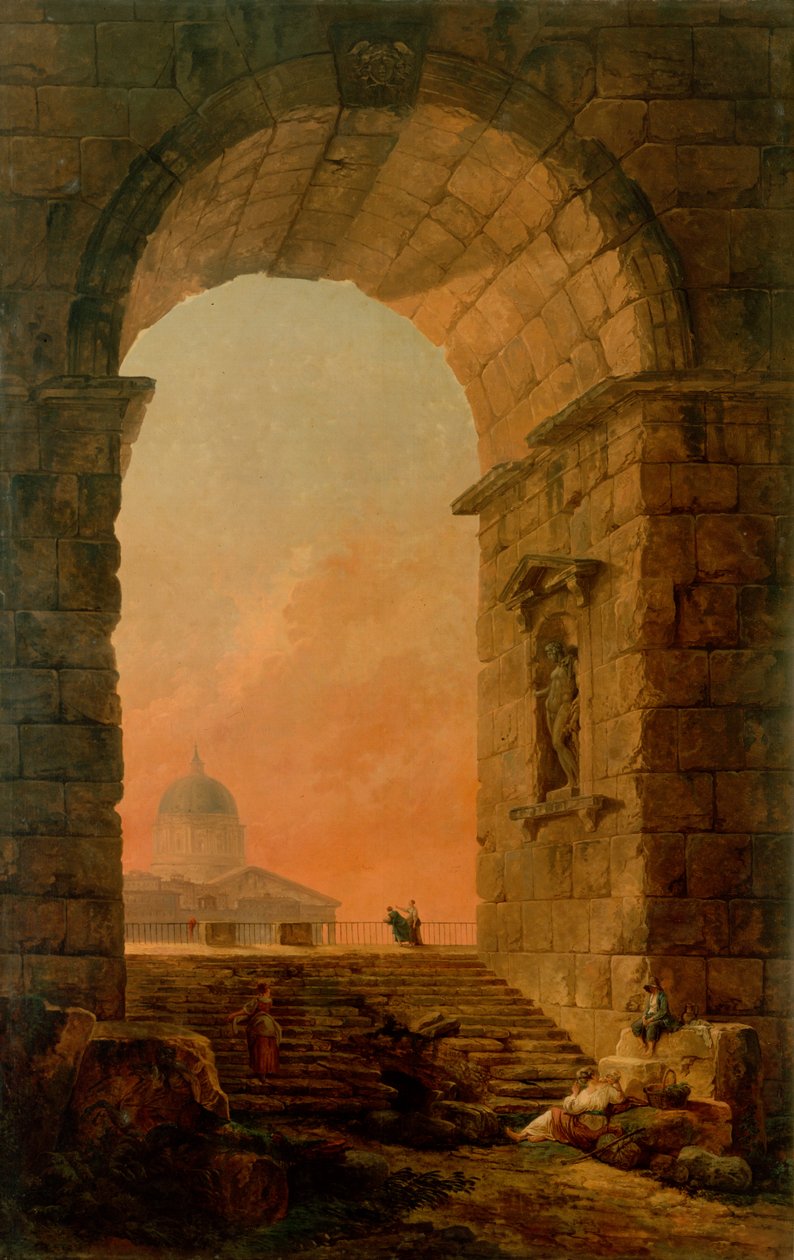 Paisaje con un arco y la cúpula de San Pedro en Roma de Hubert Robert