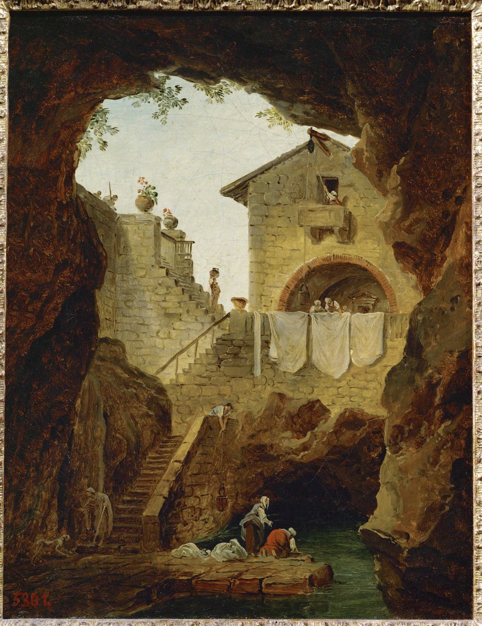 Lavandieres. La fontaine sous la grotte. Lavanderas. La fuente en la gruta ... de Hubert (circle of) Robert