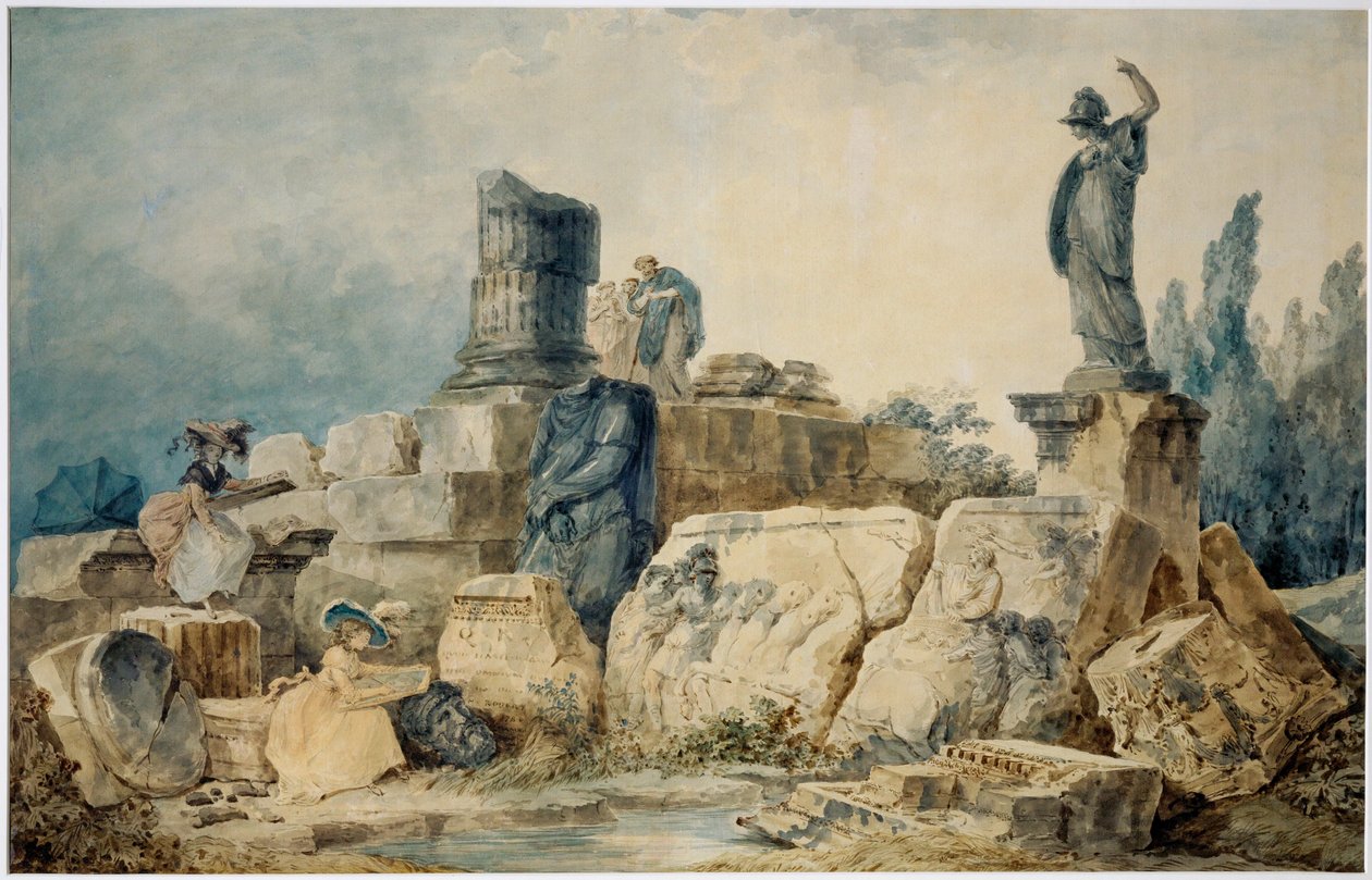 Dos jóvenes dibujan las ruinas de Roma, tres figuras vestidas con ropas antiguas las observan desde arriba ... de Hubert (circle of) Robert