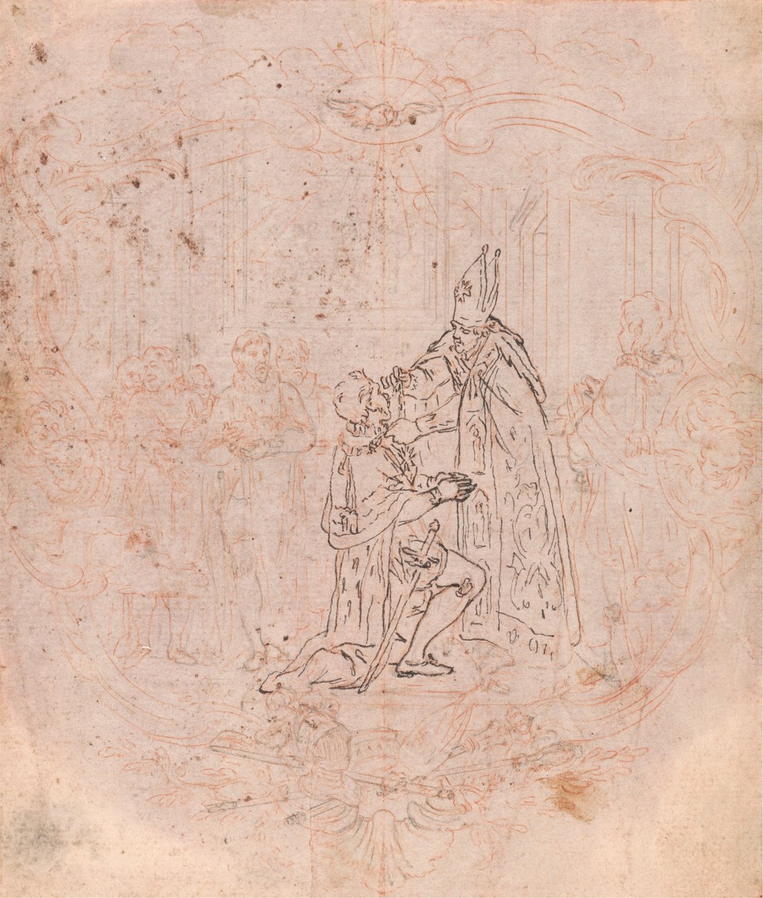 Diseño para un frontispicio: Un obispo concediendo un honor, escena dentro de una cartela de Hubert Francois Gravelot