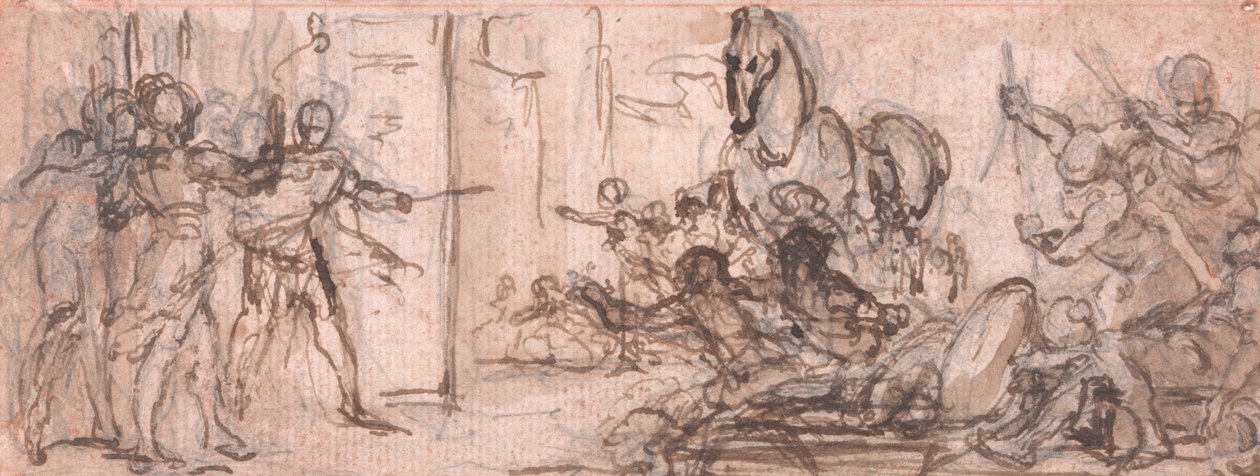 Diseño para un grabado: Batalla de Troya con el Caballo de Troya de Hubert Francois Gravelot