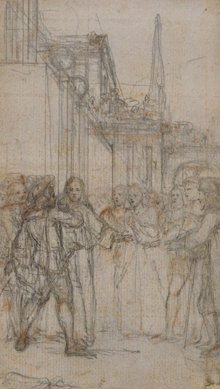 Ilustración literaria: Hombre con espada confrontando a un grupo de figuras frente a un edificio de Hubert Francois Gravelot