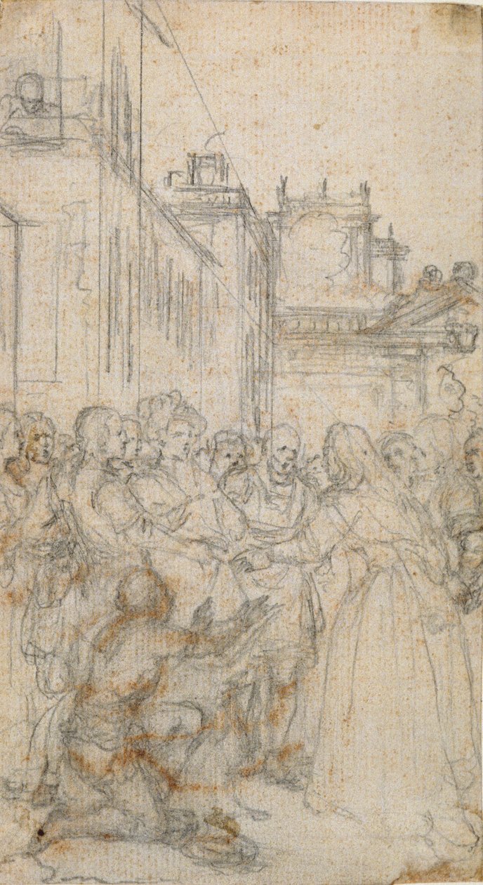 Ilustración literaria con grupo de figuras suplicando a un hombre de Hubert Francois Gravelot