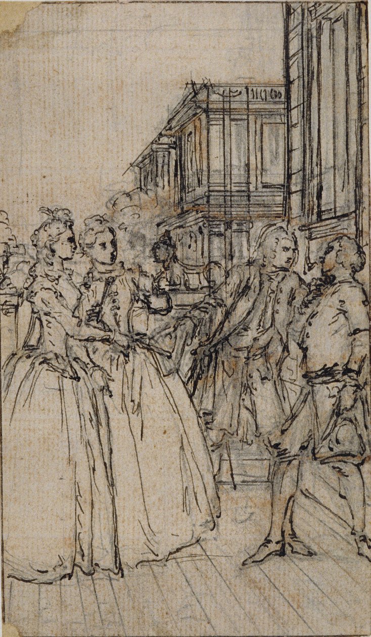 Ilustración literaria con dos damas y dos caballeros en una calle de Hubert Francois Gravelot