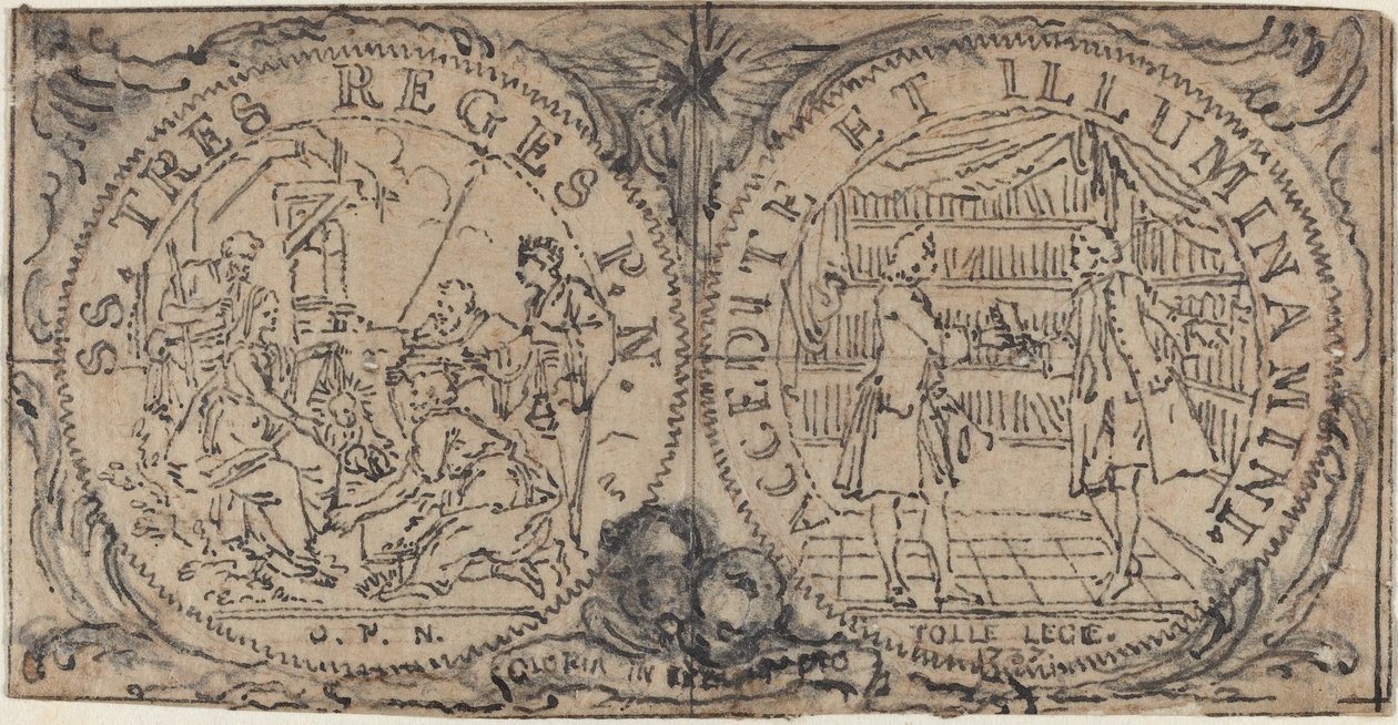 Medallones ornamentales con la adoración de los magos y dos bibliófilos de Hubert Francois Gravelot