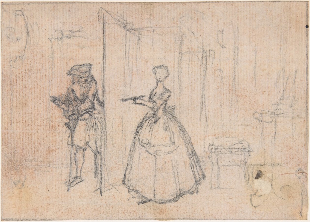 Estudio para «Engañando a su tío», viñeta grabada en «Canciones en la ópera de Flora» de Hubert Francois Gravelot