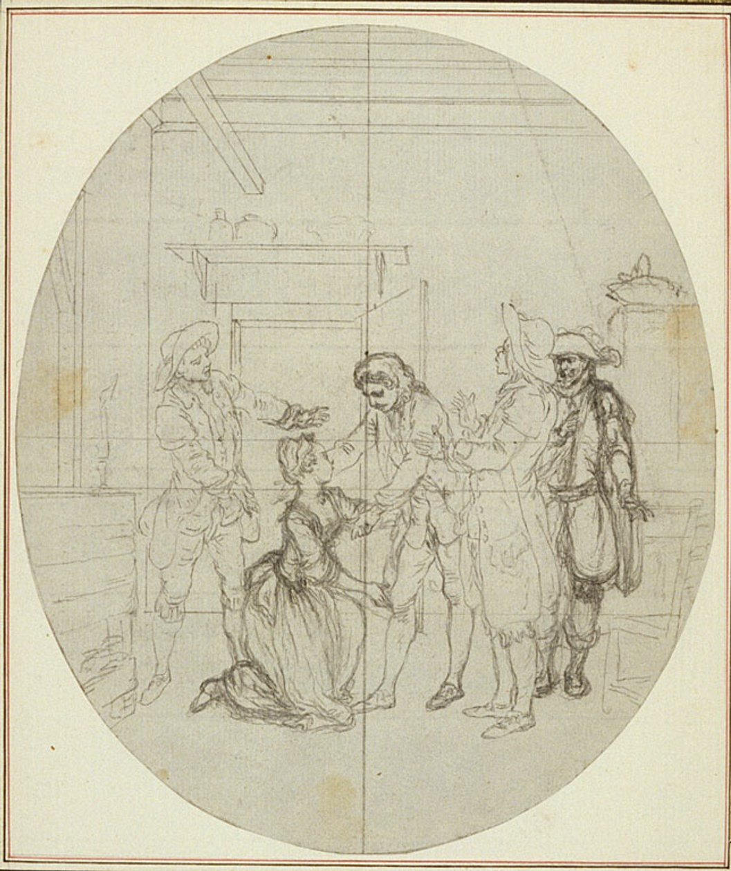 Estudio para una segunda edición, nunca publicada, de "La Partie de Chasse de Henri IV" de Colle, Acto III, Escena 11 de Hubert Francois Gravelot