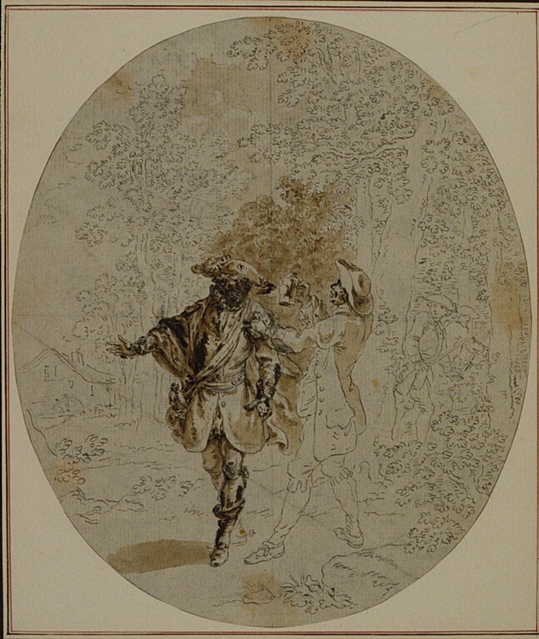 Estudio para una segunda edición, nunca publicada, de "La Partie de Chasse de Henri IV" de Colle, Acto II, Escena 11 de Hubert Francois Gravelot