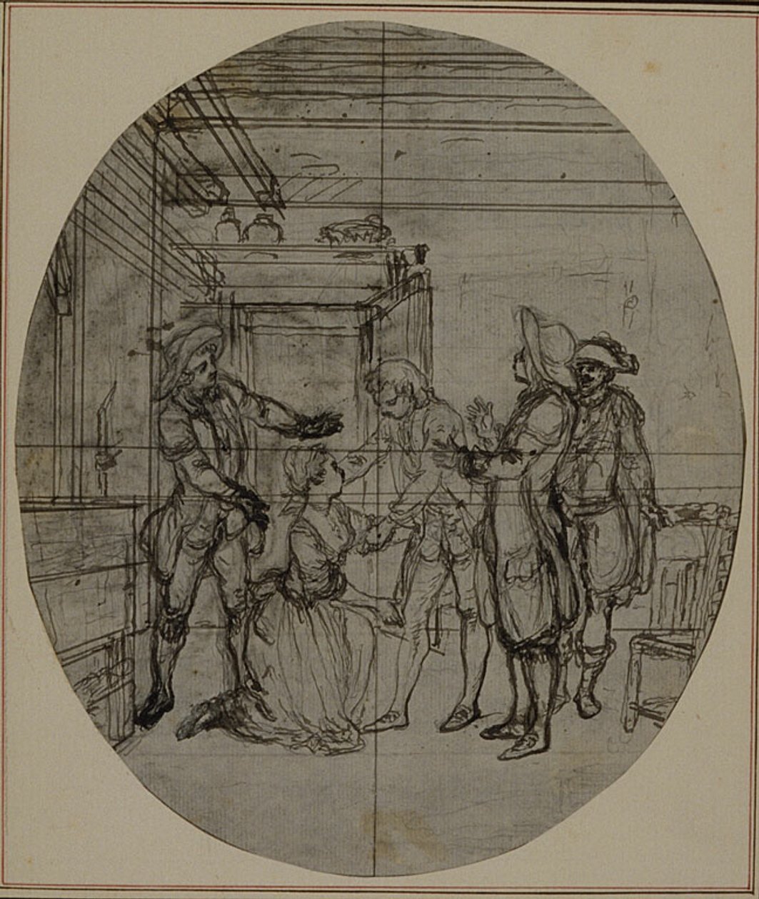 Estudio para una segunda edición, nunca publicada, de "La Partie de Chasse de Henri IV" de Colle, Acto III, Escena 11 de Hubert Francois Gravelot