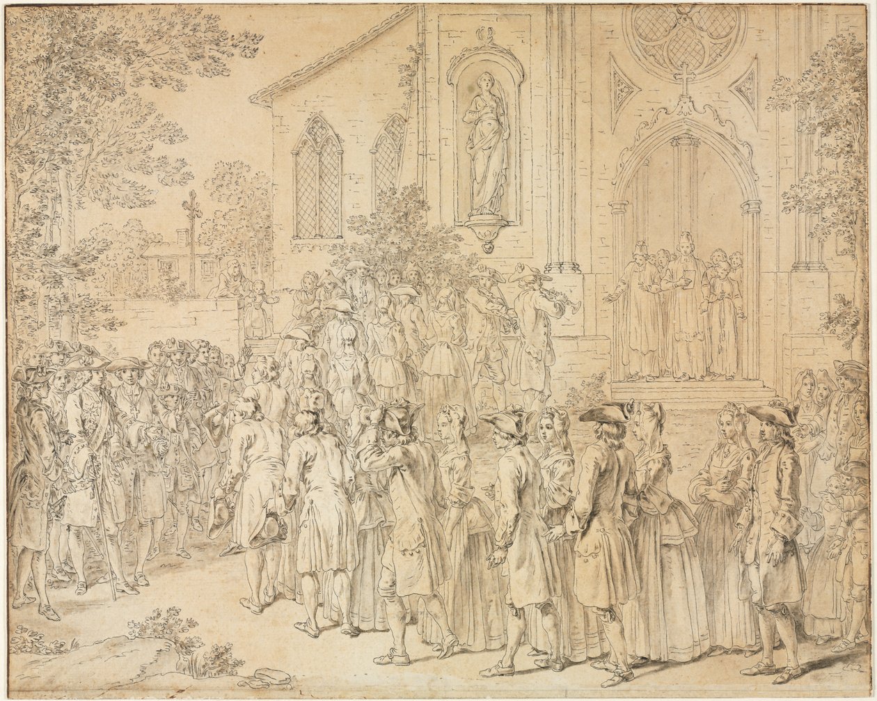 Una procesión entrando a una iglesia, 1700s de Hubert François Bourguignon Gravelot