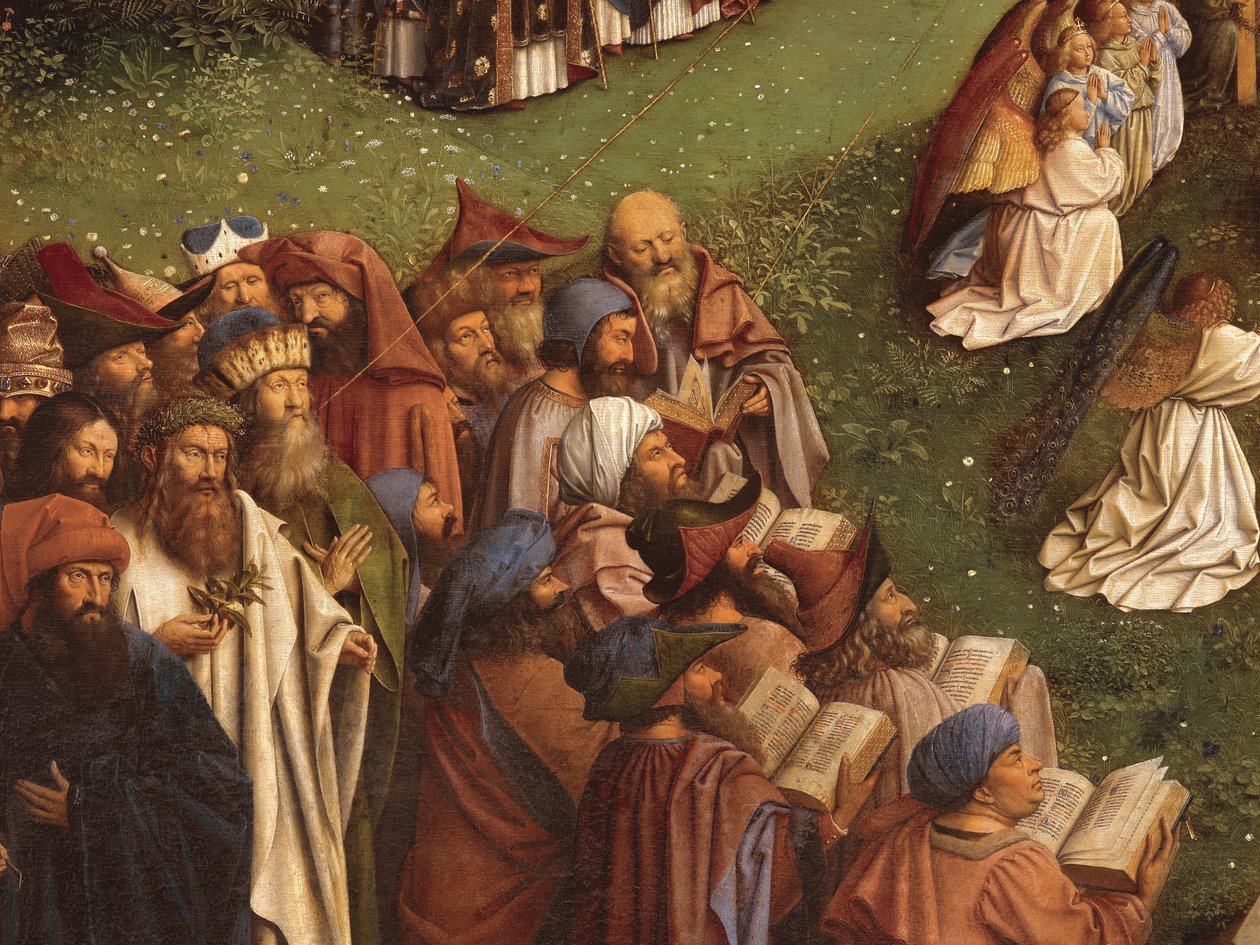 Detalle de la Adoración del Cordero Místico, de la tabla central del Retablo de Gante (óleo sobre tabla) de Hubert & Jan van (1390 1441) Eyck