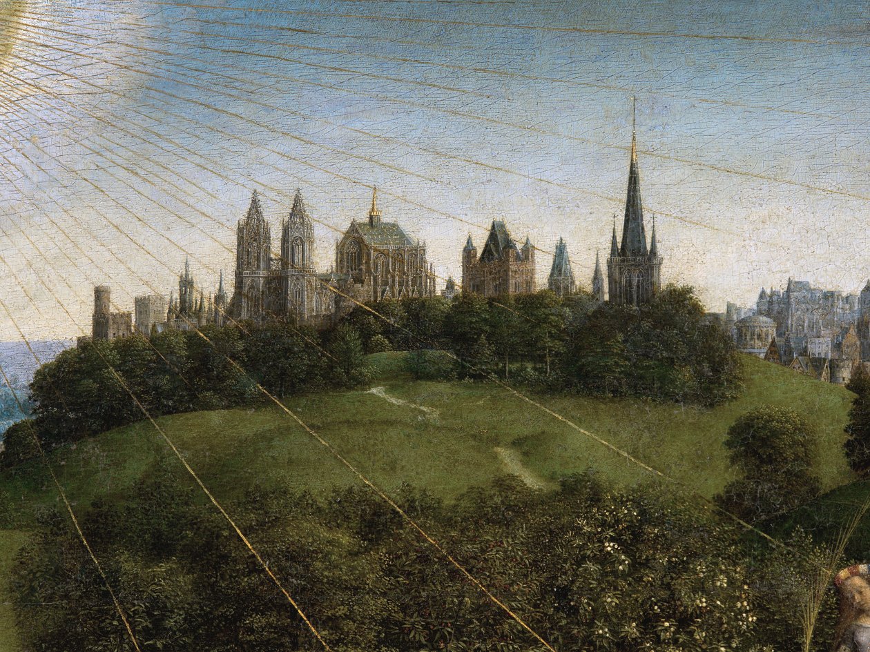 Detalle de la Adoración del Cordero Místico, de la tabla central del Retablo de Gante (óleo sobre tabla) de Hubert & Jan van (1390 1441) Eyck