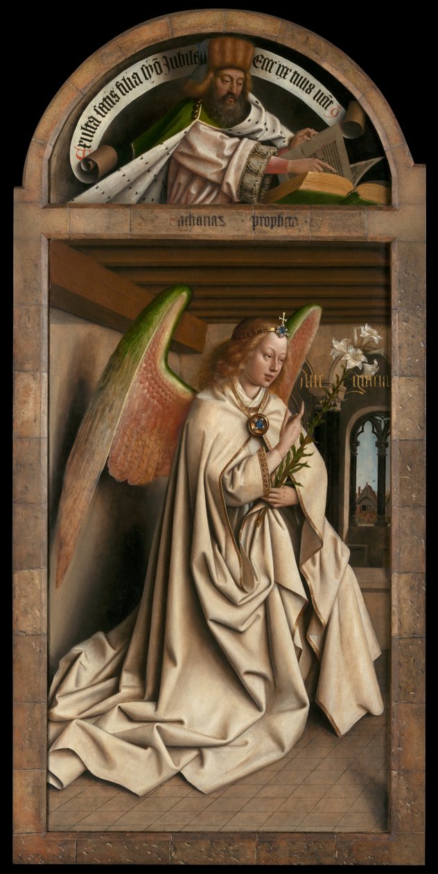 Luneta: el profeta Zacarías. Panel inferior: Ángel Anunciador, del exterior del ala izquierda del Retablo de Gante de Hubert & Jan van (1390-1441) Eyck