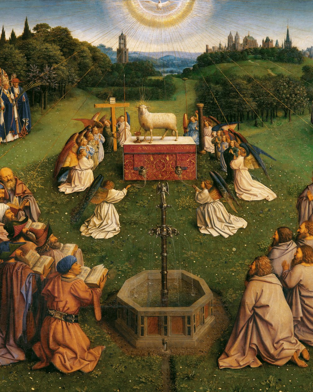 La Adoración del Cordero Místico, del Retablo de Gante, detalle de la mitad inferior del panel central de Hubert & Jan van (1390 1441) Eyck