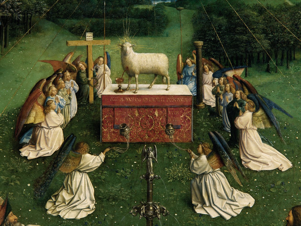 La Adoración del Cordero Místico, del Retablo de Gante, detalle de la mitad inferior del panel central de Hubert & Jan van (1390 1441) Eyck