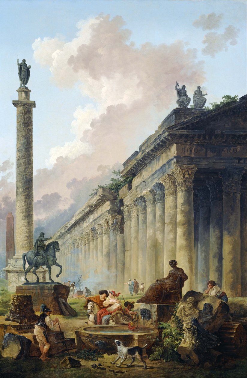 Paisaje romano imaginario con estatua ecuestre de Marco Aurelio, columna conmemorativa de Trajano y templo. de Hubert Robert