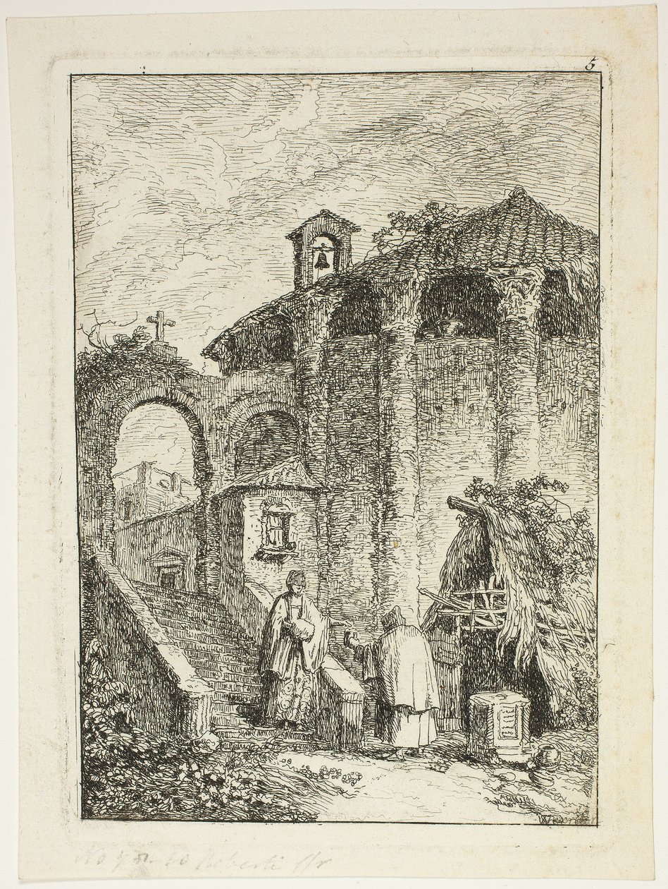 Templo antiguo, lámina cinco de Les Soirées de Rome de Hubert Robert