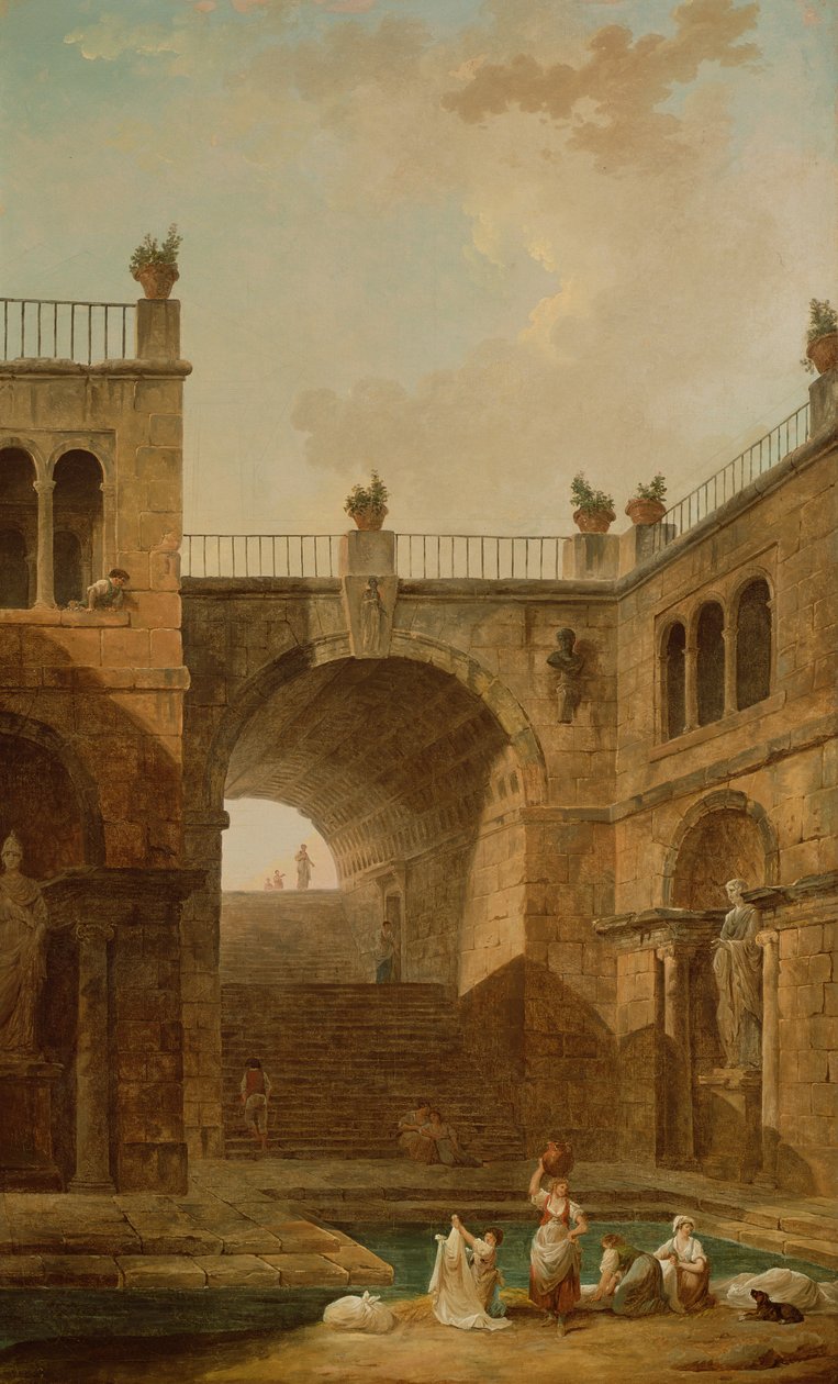 Escena arquitectónica con mujeres lavando ropa en una piscina de Hubert Robert