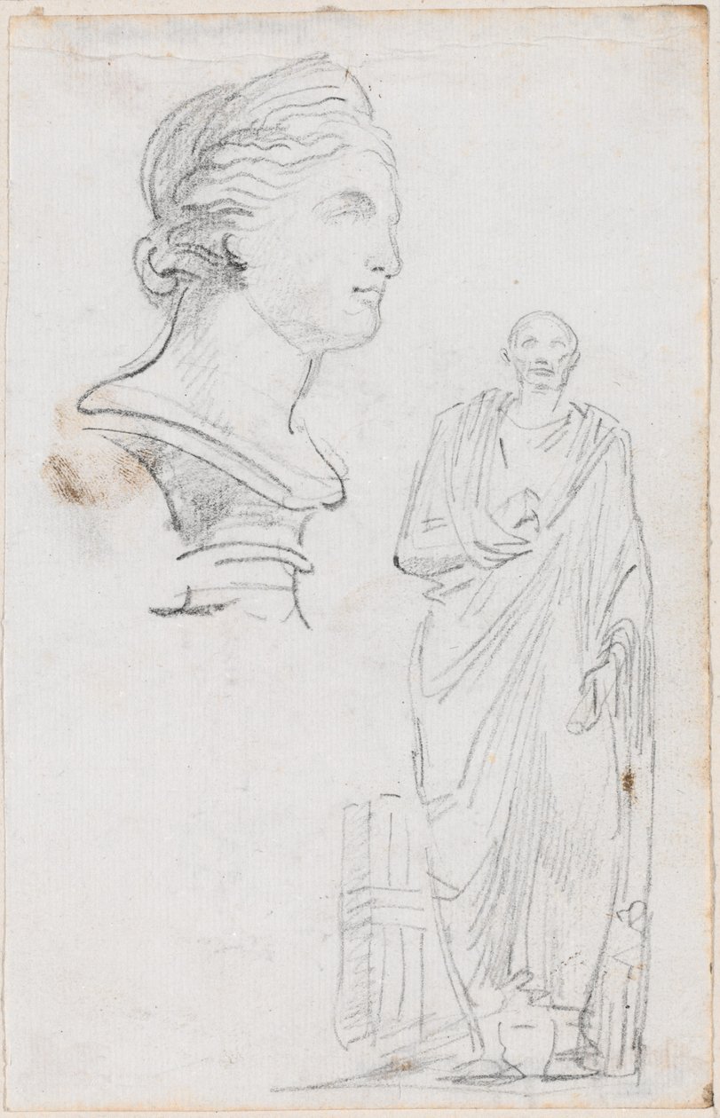 Busto de una mujer romana y estatua de un hombre romano de Hubert Robert