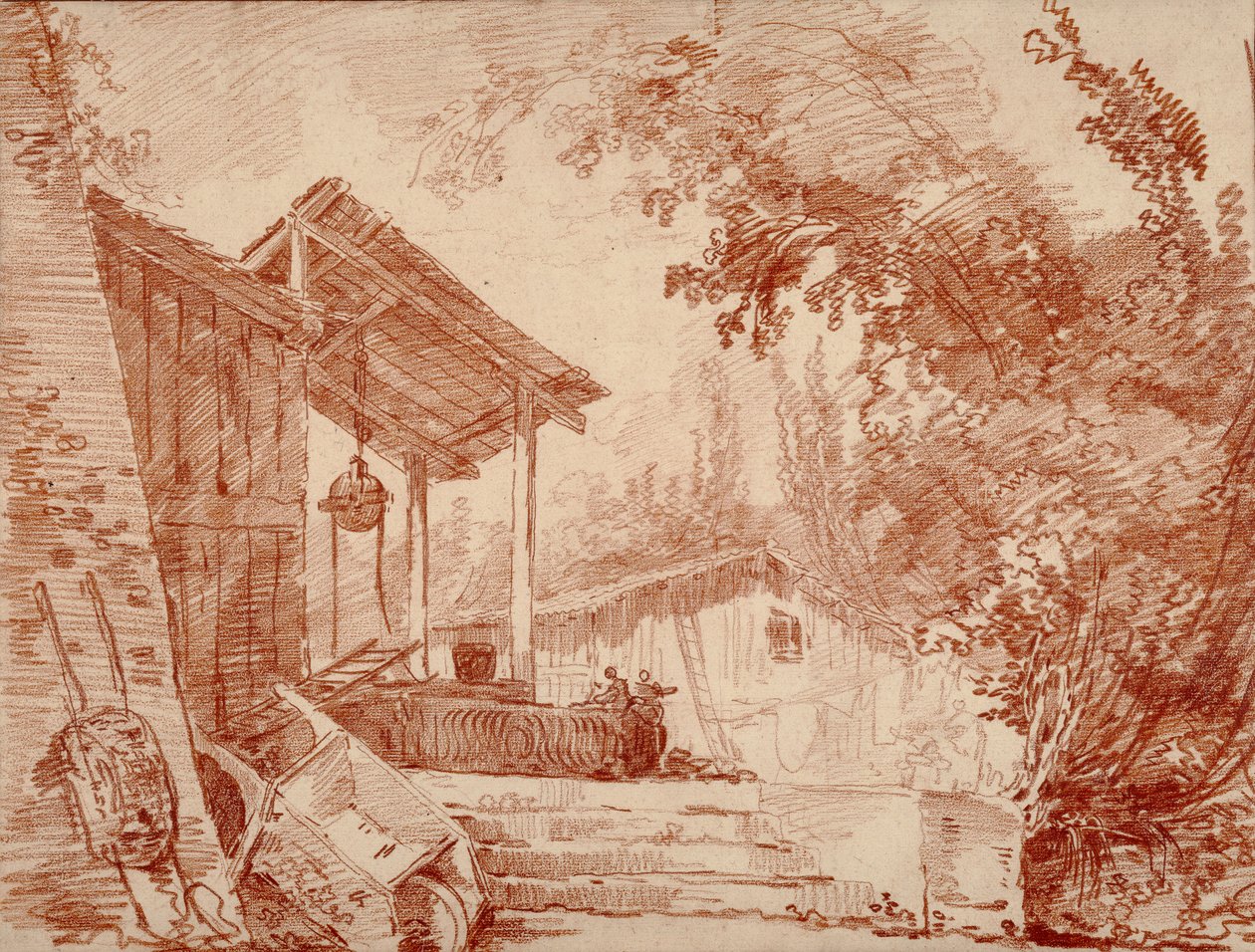 Cortijo con dos figuras junto a un pozo y una carretilla grande en primer plano de Hubert Robert