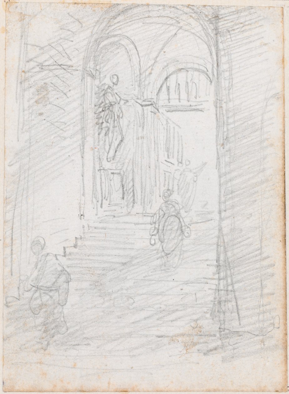 Figuras en una escalera interior monumental [recto] de Hubert Robert