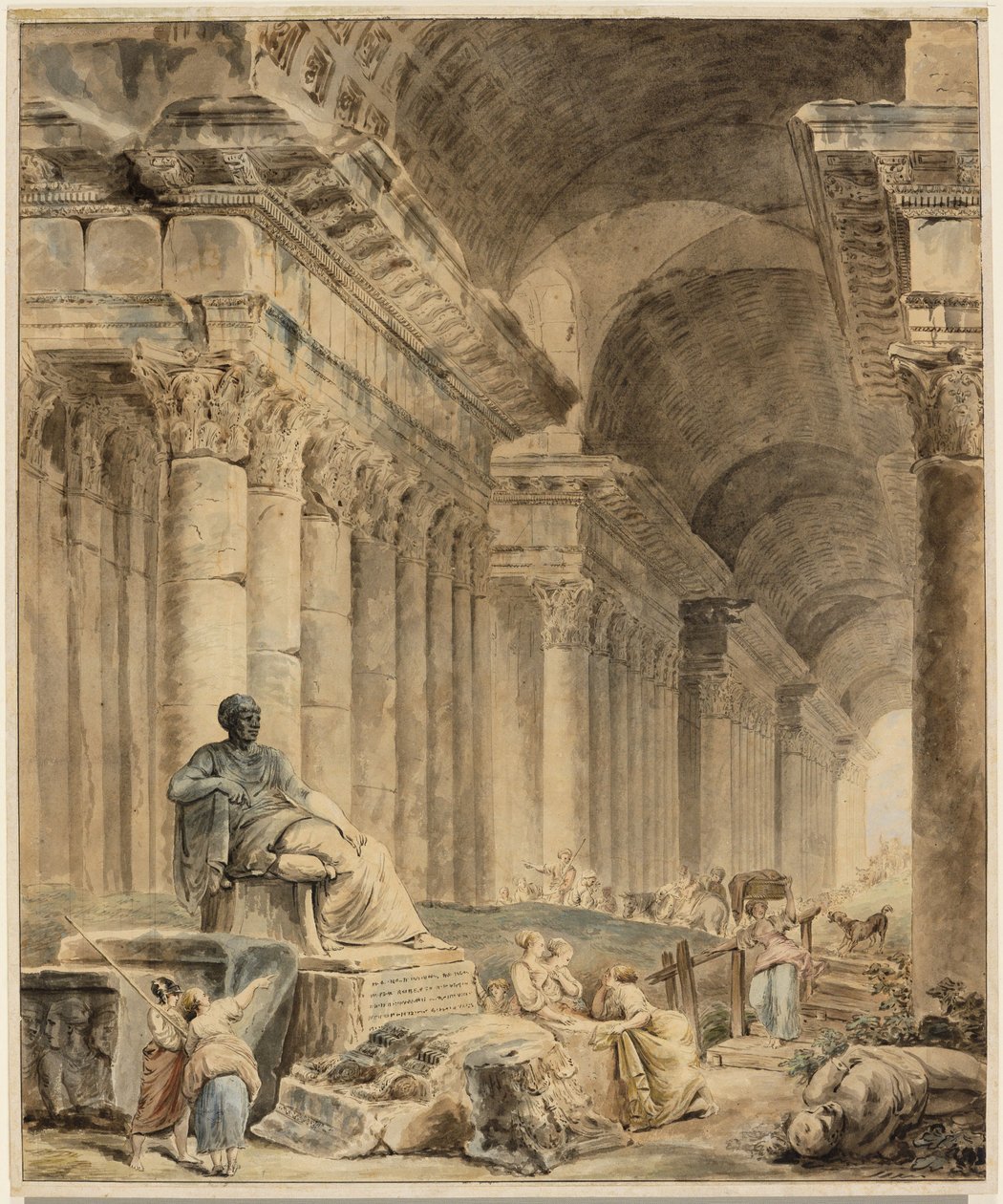 Galería de columnas abovedada con una estatua sentada de estilo clásico de Hubert Robert