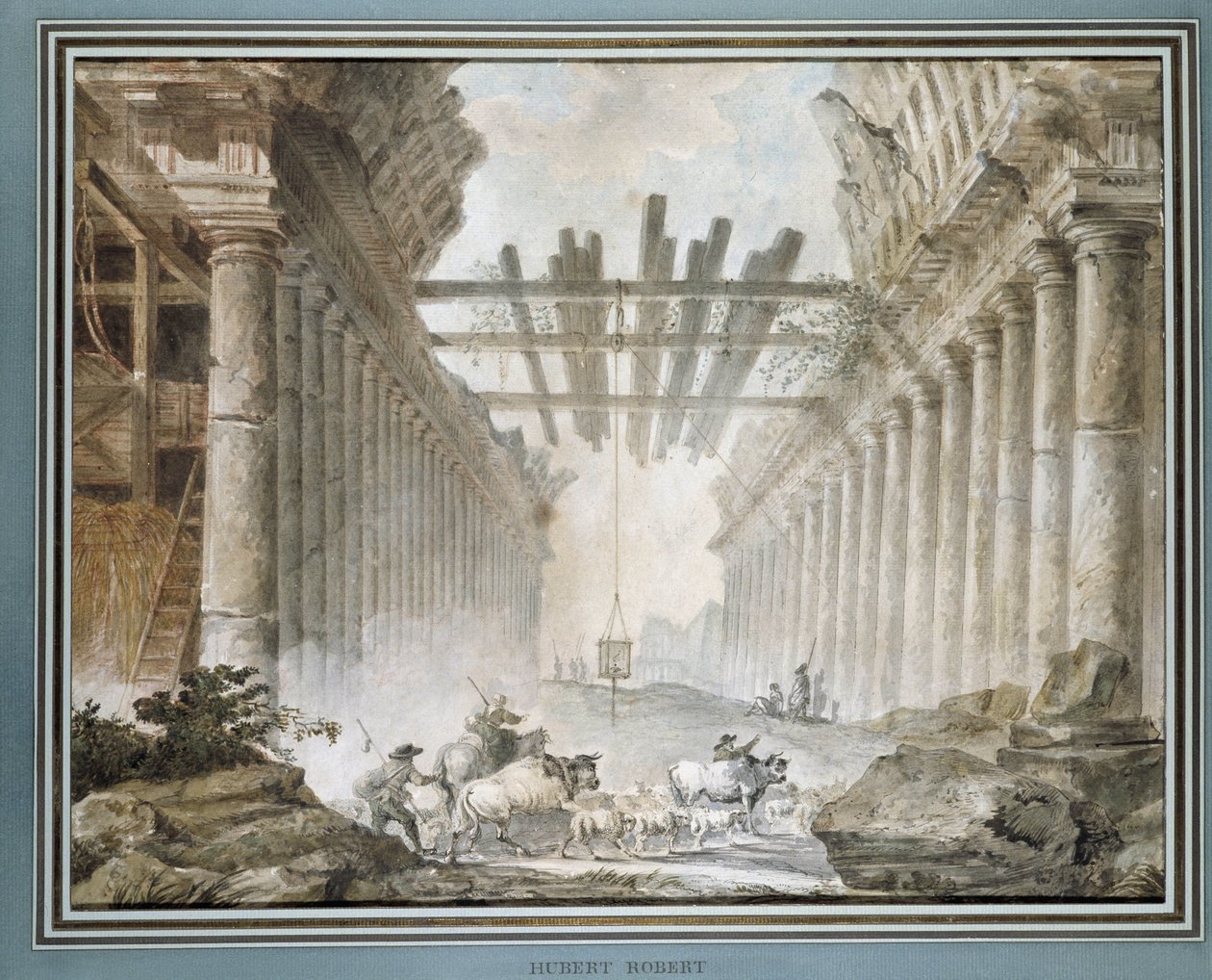 Rebaño en las ruinas de un templo de dibujo de Hubert Robert