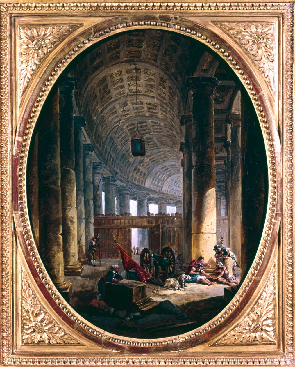 Interior de la columnata de San Pedro, Roma, en el momento del cónclave de 1769 de Hubert Robert