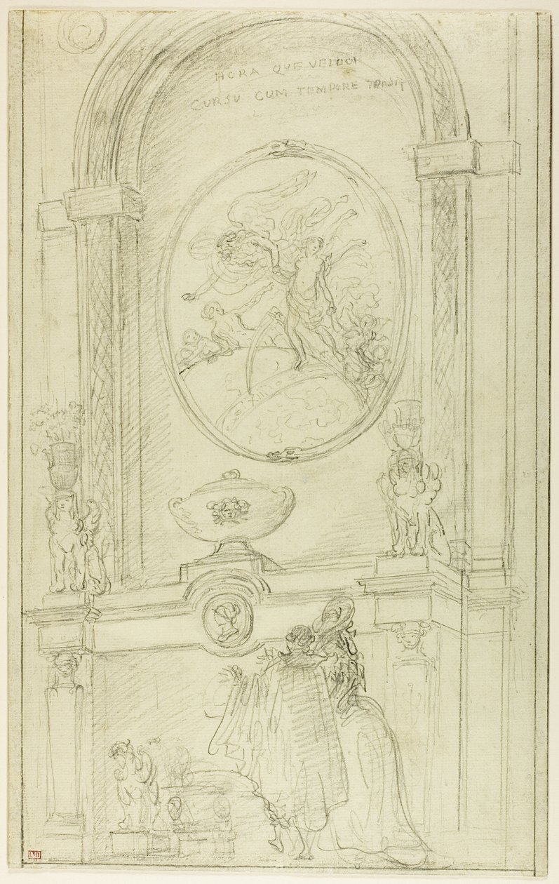 Interior con una pareja ante una chimenea de Hubert Robert
