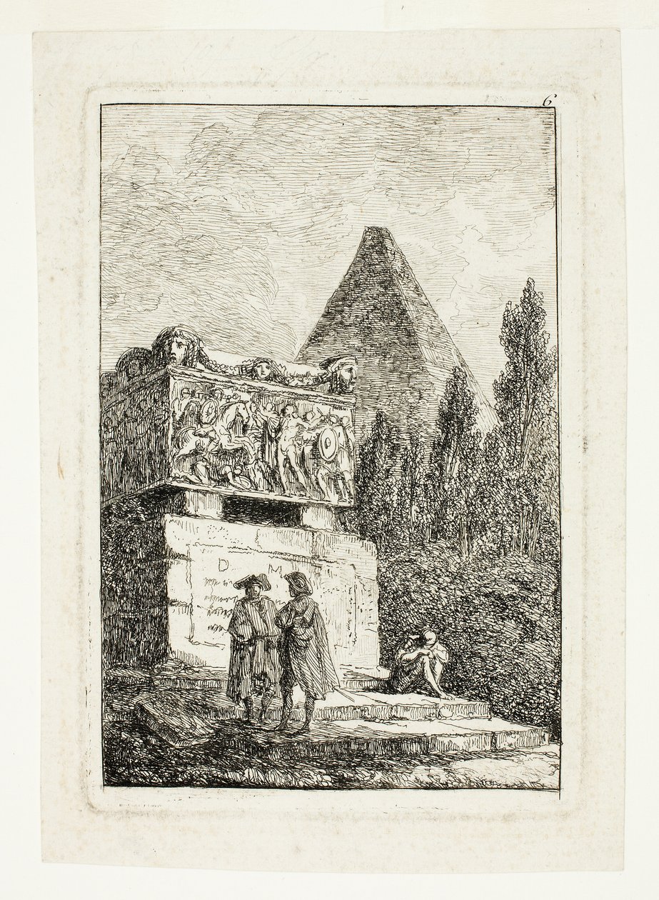 Paisaje con pirámide y sarcófago, lámina seis de Les Soirées de Rome de Hubert Robert