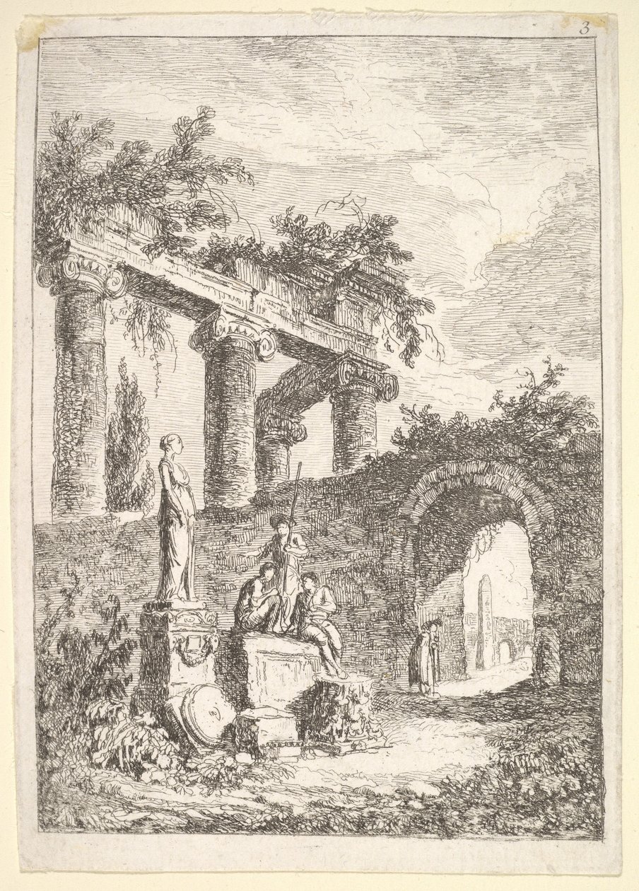 Lámina 3: La estatua ante las ruinas: una estatua a la izquierda junto a tres figuras en un p..., ca. 1763-64 de Hubert Robert