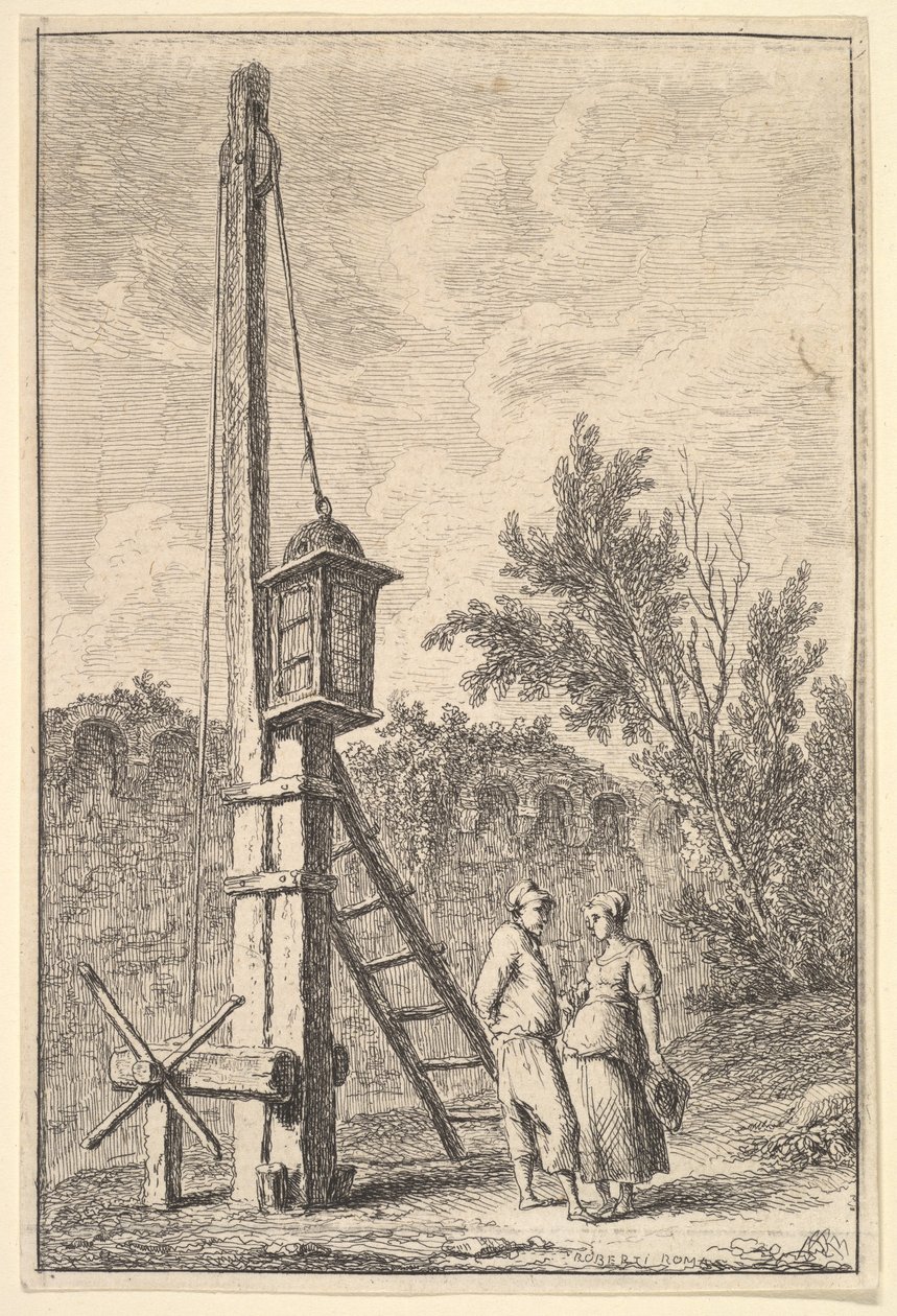 Placa 9: La polea: un hombre y una mujer conversando a la derecha, una linterna colgada en un poste, ca. 1763-64 de Hubert Robert