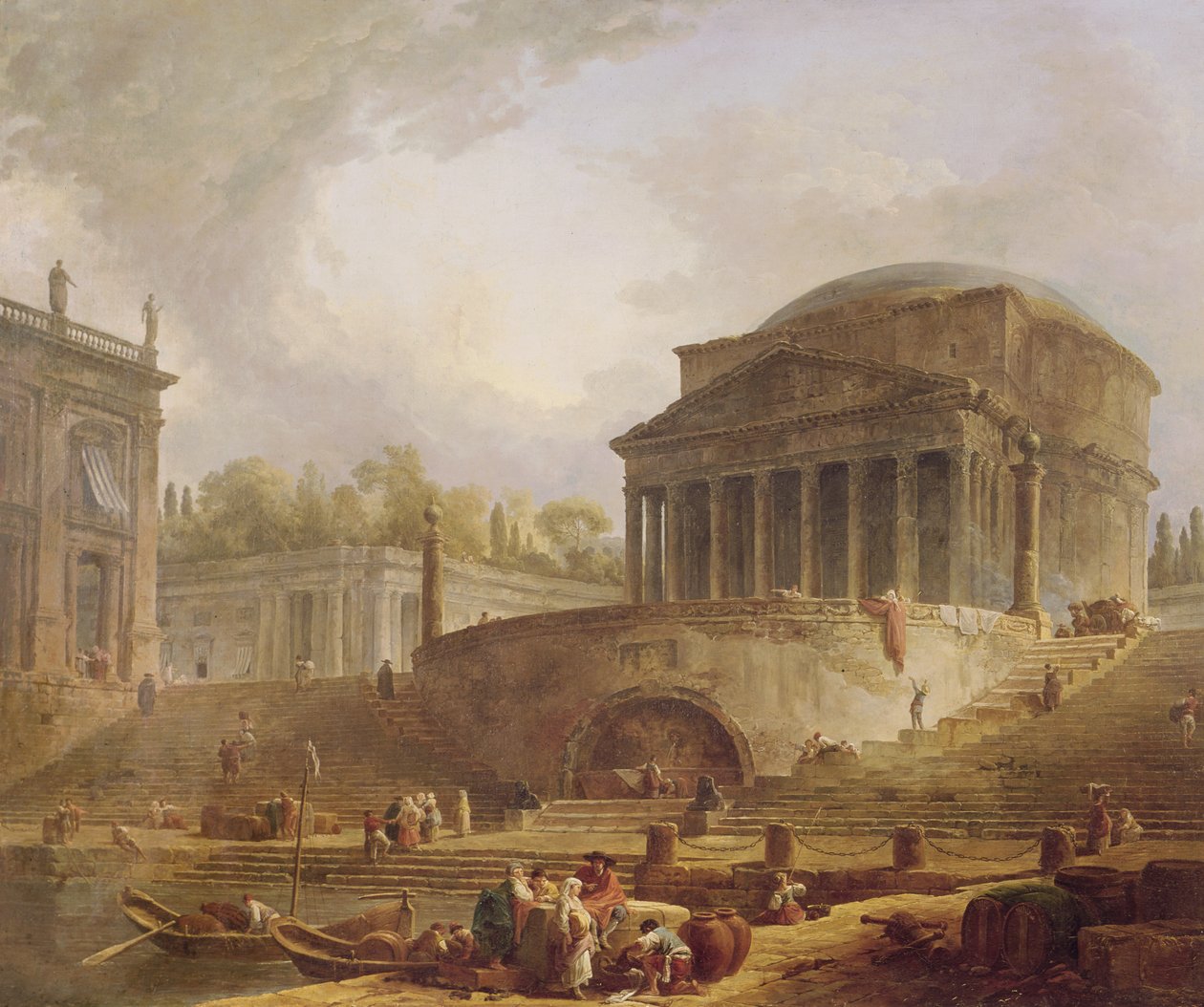 Porto di Ripetta en Roma, con el Panteón, cuadro arquitectónico, 1766 de Hubert Robert