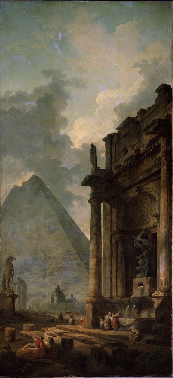 Ruinas con pirámide. Pintura de Hubert Robert (1733-1808), óleo sobre lienzo de Hubert Robert