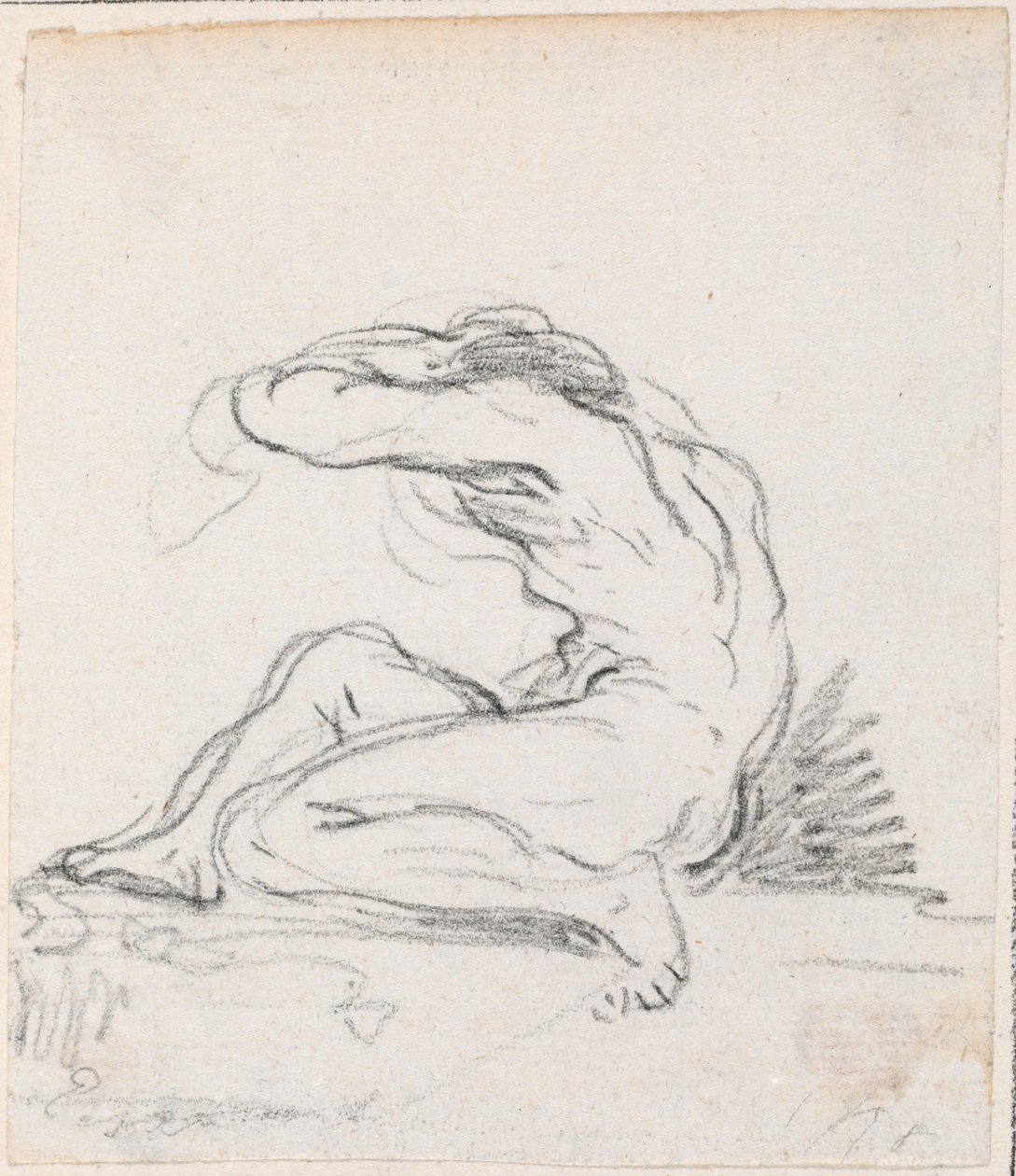 Desnudo masculino sentado con brazo sobre la cabeza, visto de lado de Hubert Robert