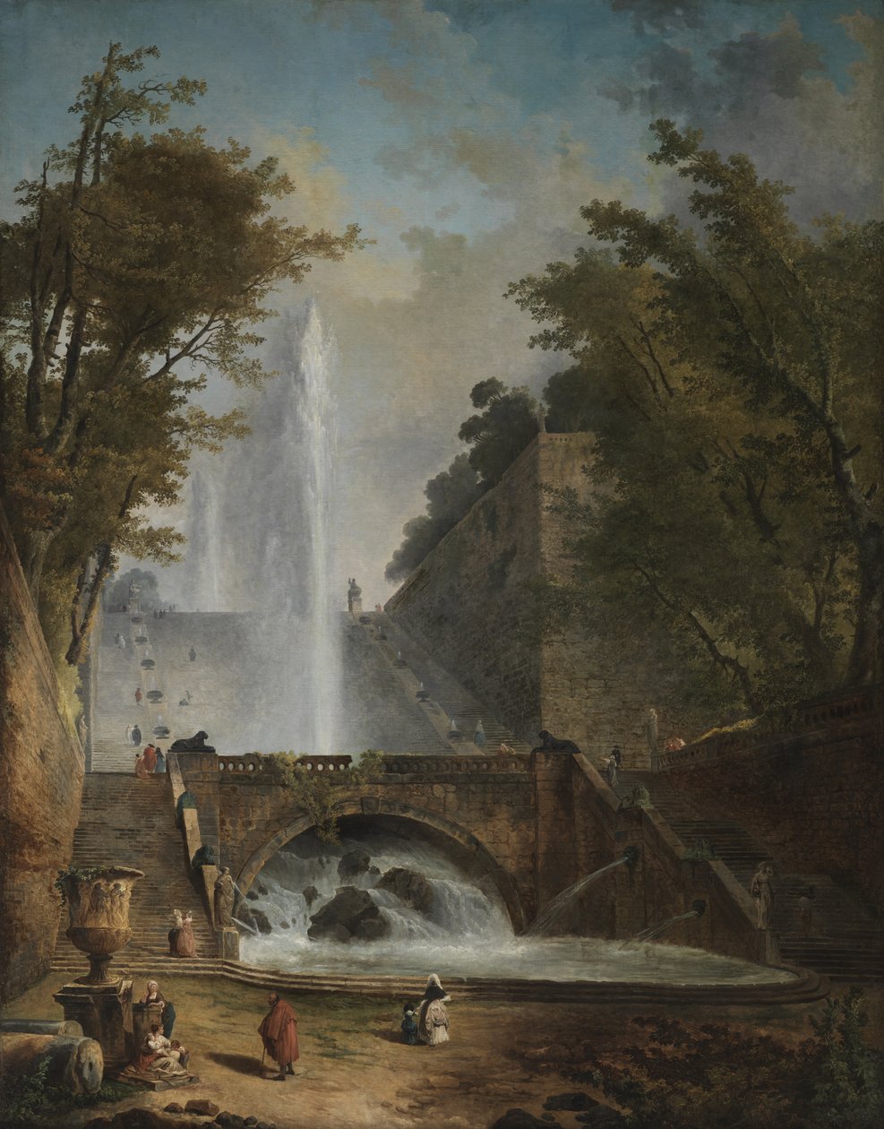 Escalera y fuente en el parque de una villa romana de Hubert Robert