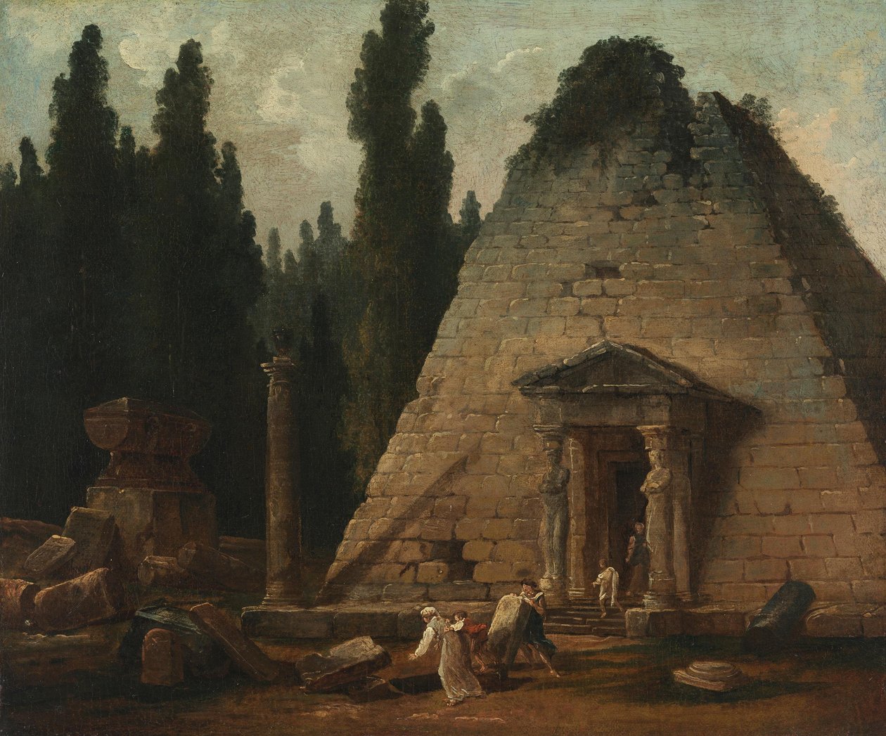 La pirámide de los Jardines de Mauperthuis de Hubert Robert