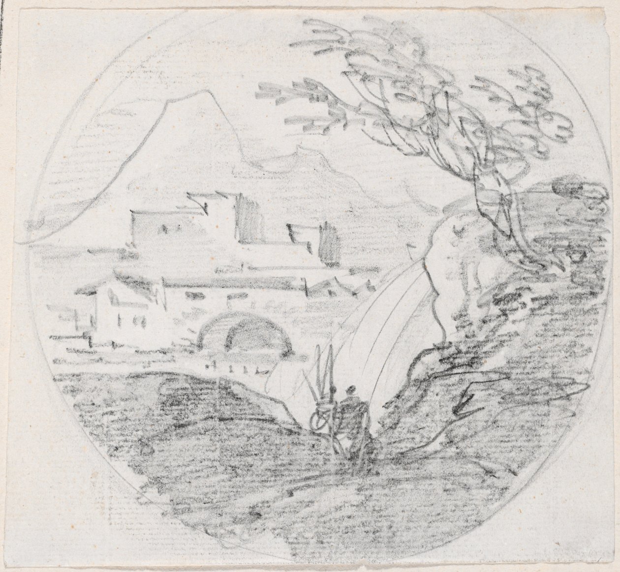 Vista desde una cresta hacia un pueblo y montaña distante de Hubert Robert