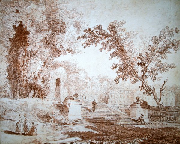 Vista de un jardín con una terraza de Hubert Robert