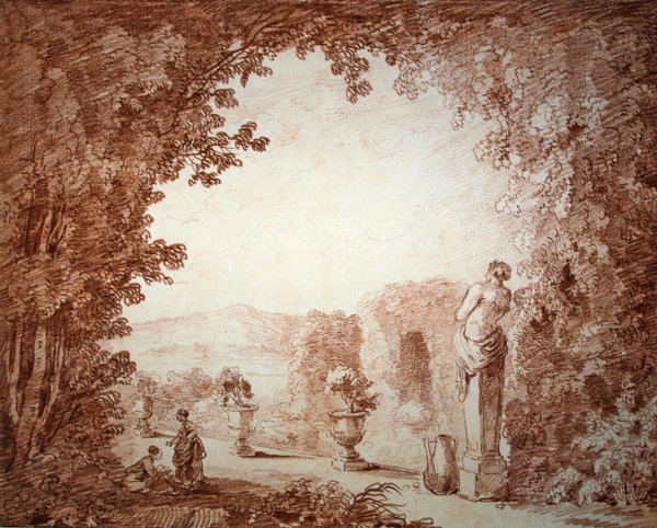 Vista de un jardín con estatuas de Hubert Robert
