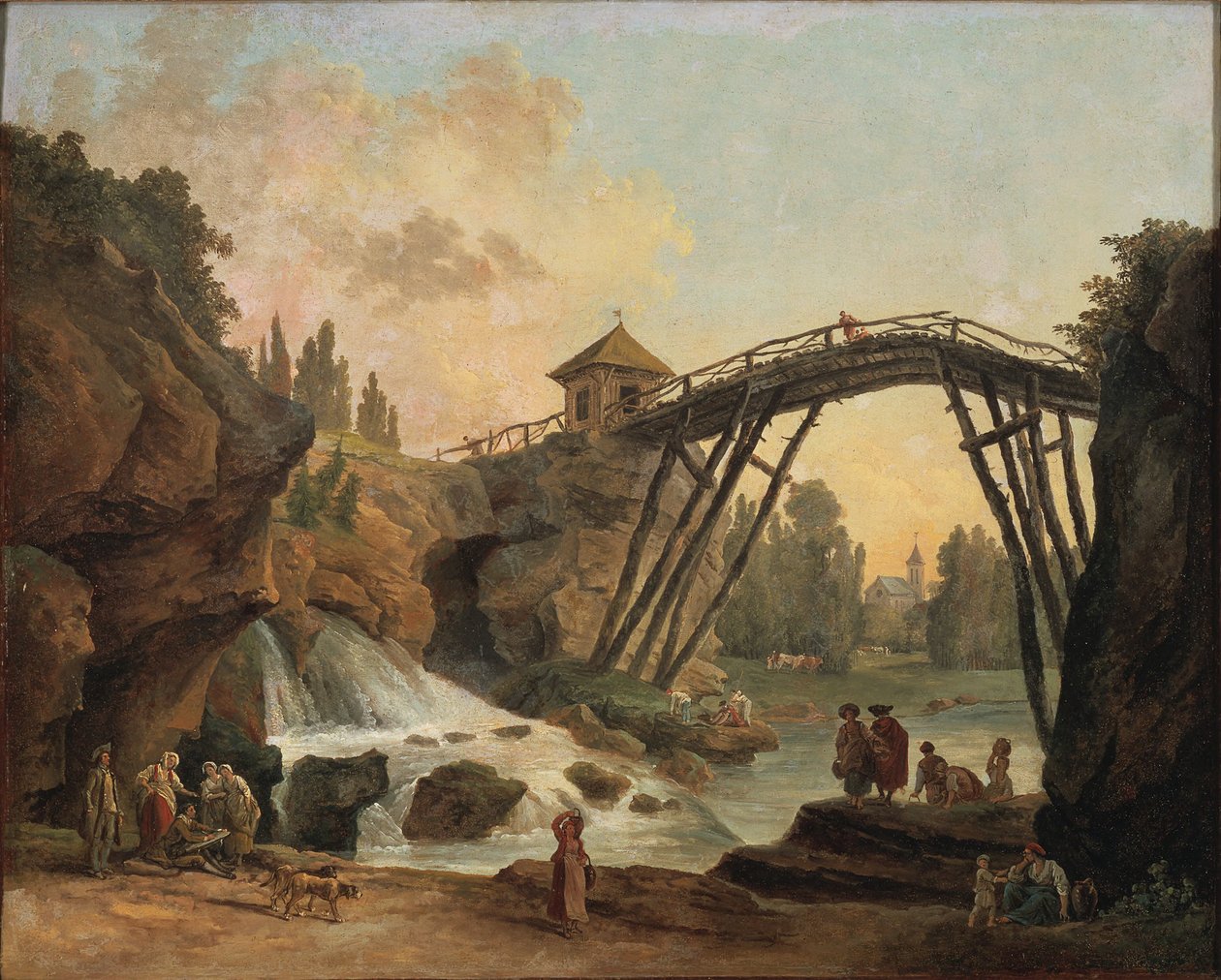Vista de la gruta y el puente rústico en el jardín paisajístico de Méréville de Hubert Robert