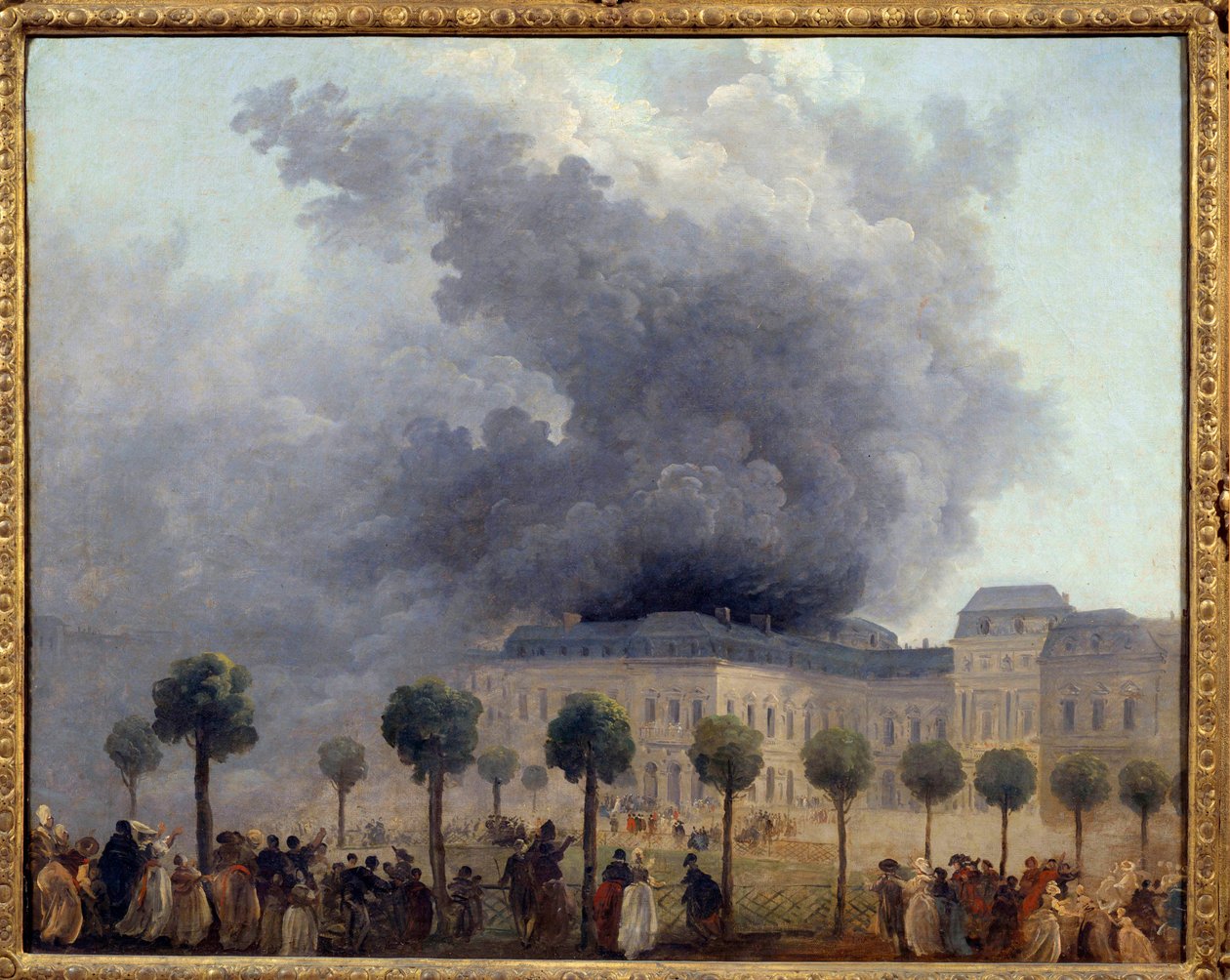 Vista del incendio de la Ópera visto desde los jardines del Palais Royal el 8/06/1781. Pintura de Hubert Robert de Hubert Robert