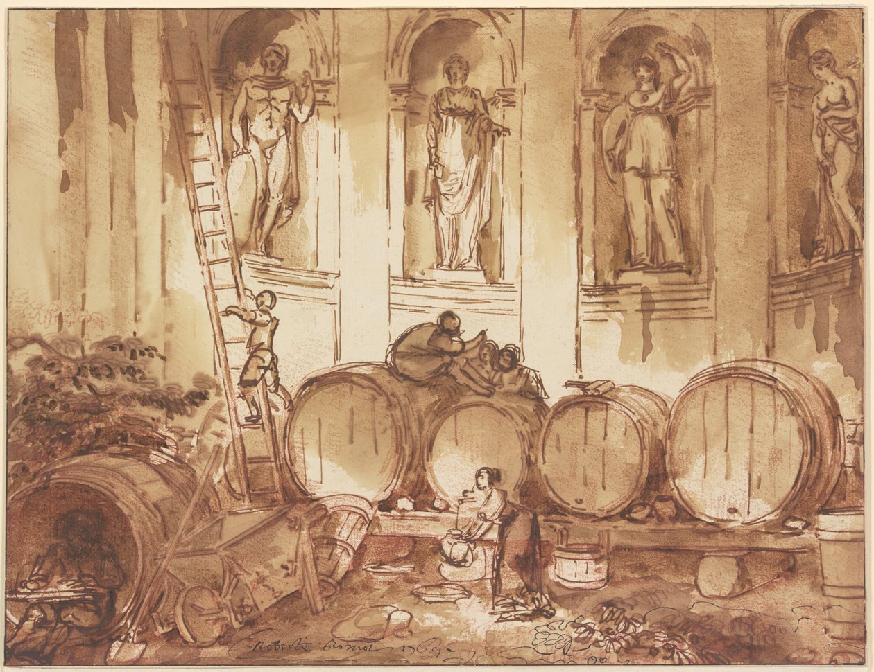 Bodega situada en una sala con nichos en la que se encuentran cuatro estatuas de deidades de la Antigüedad de Hubert Robert