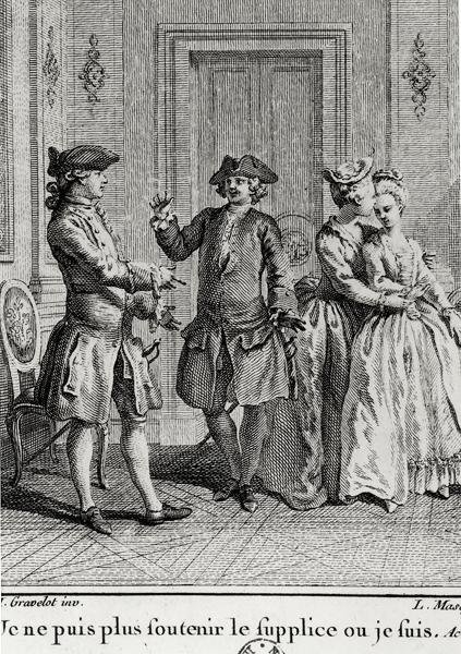 No puedo soportar más los tormentos aquí donde estoy, ilustración para Eugenie de Beaumarchais, grabado por Louis Joseph Masquelier (1741-1811) de Hubert after Gravelot