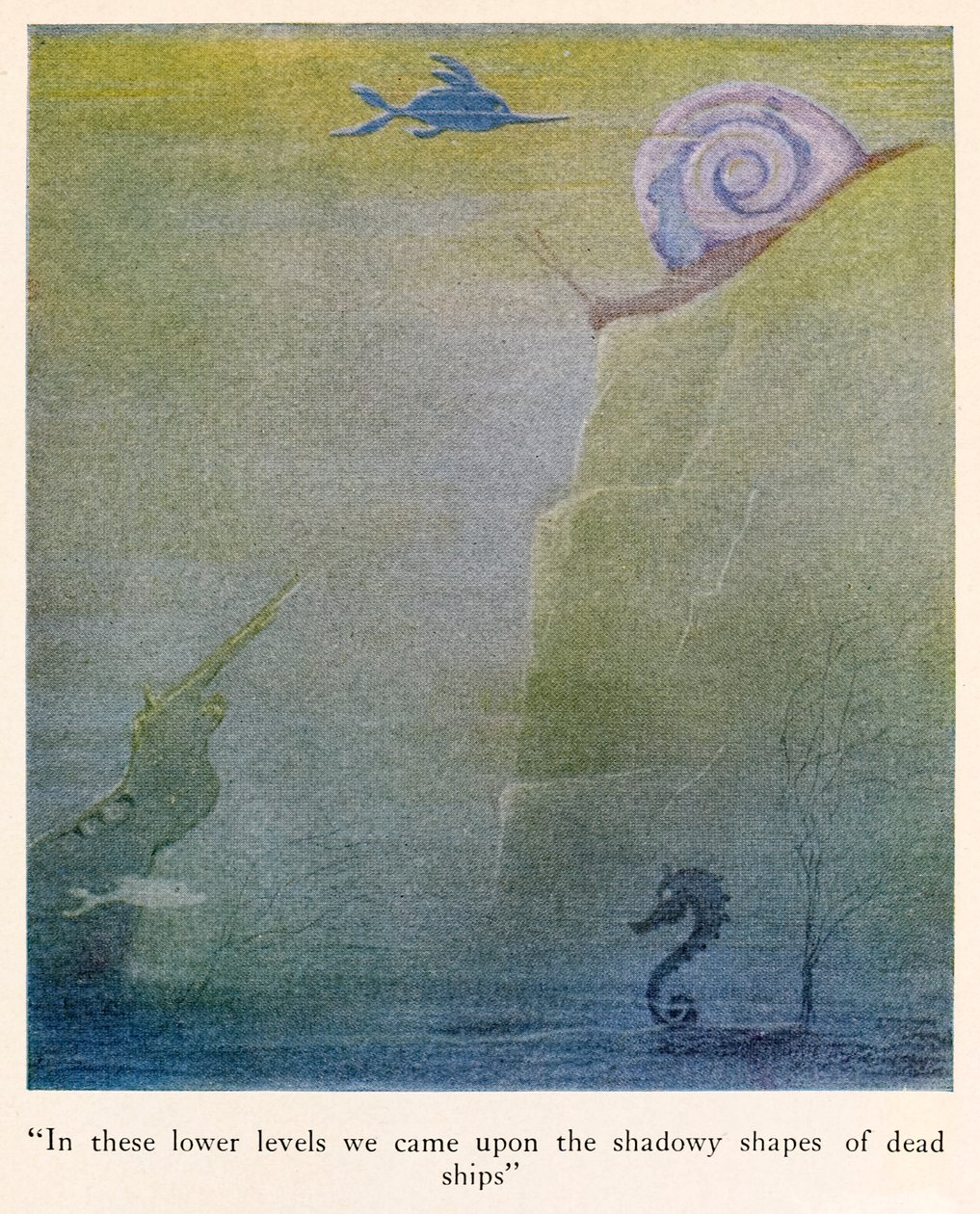 "En estos niveles inferiores nos encontramos con las formas sombrías de los barcos muertos" ilustración de Los viajes del Doctor Dolittle de Hugh Lofting