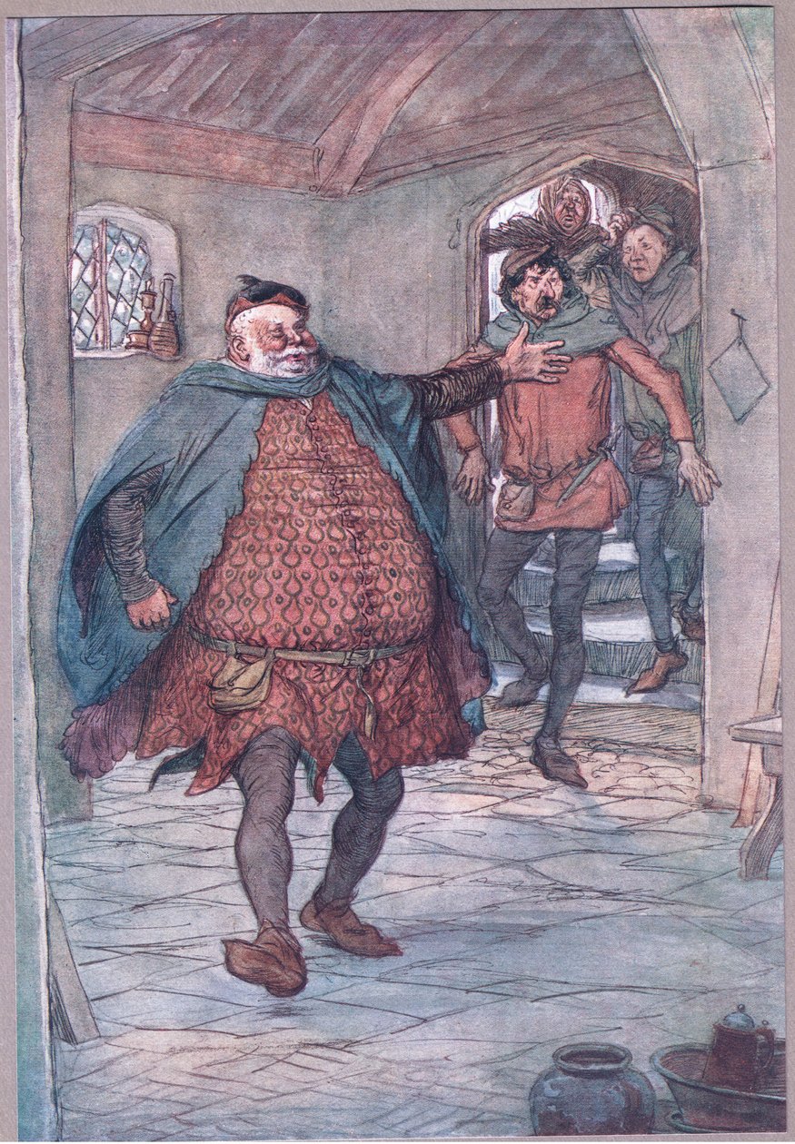 Entran Falstaff, pistola, Nym y Bardolph, ilustración de Las Alegres Comadres de Windsor, 1910 de Hugh Thomson