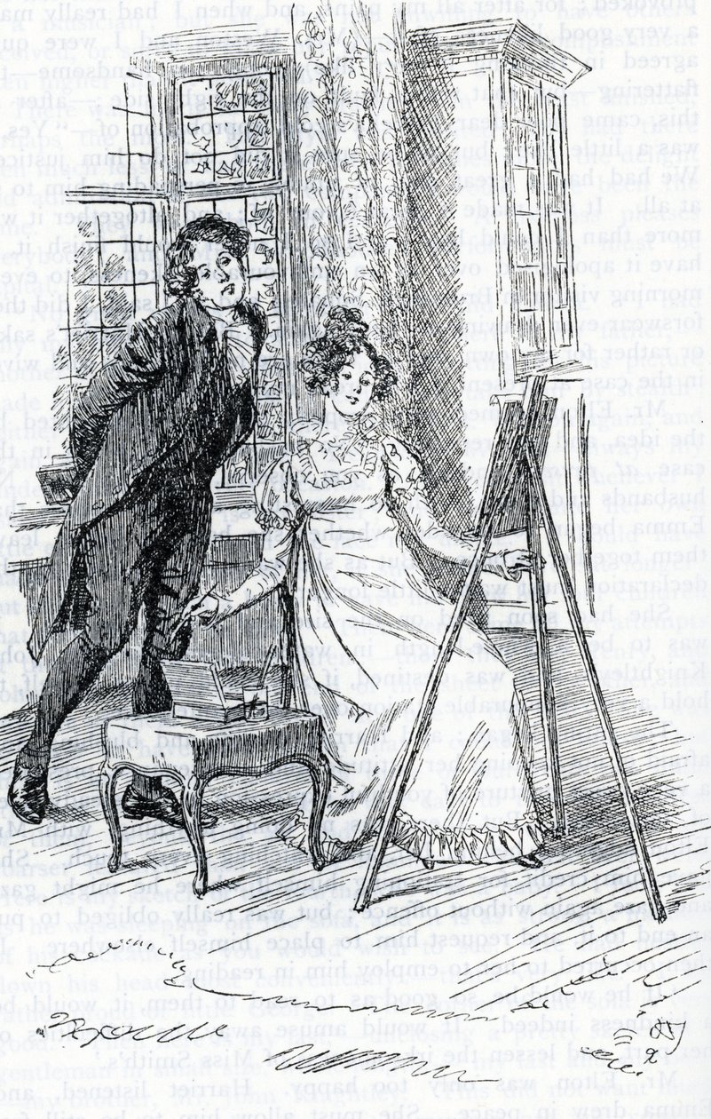 El Sr. Elton admirando el retrato de Hariett pintado por Emma de Hugh Thomson